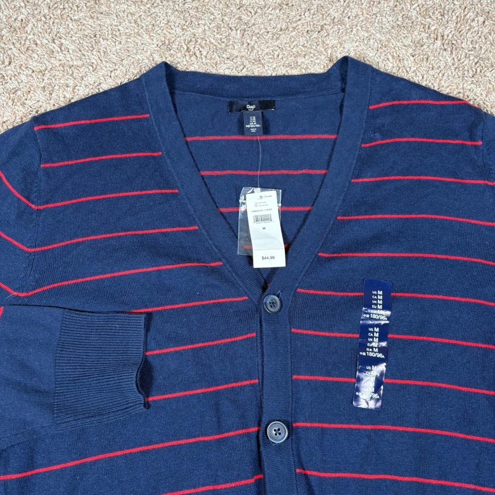 GAP Mens Cardigan Sweater Medium M Blue Red Striped V Neck Button Front Pockets‎